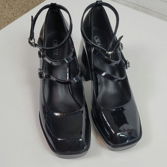 CIDER CHUNKY HEELED TRIPLE STRAP MARY JANES IN PATENT BLACK FAUX LEATHER, SZ 9 - Picture 8 of 16